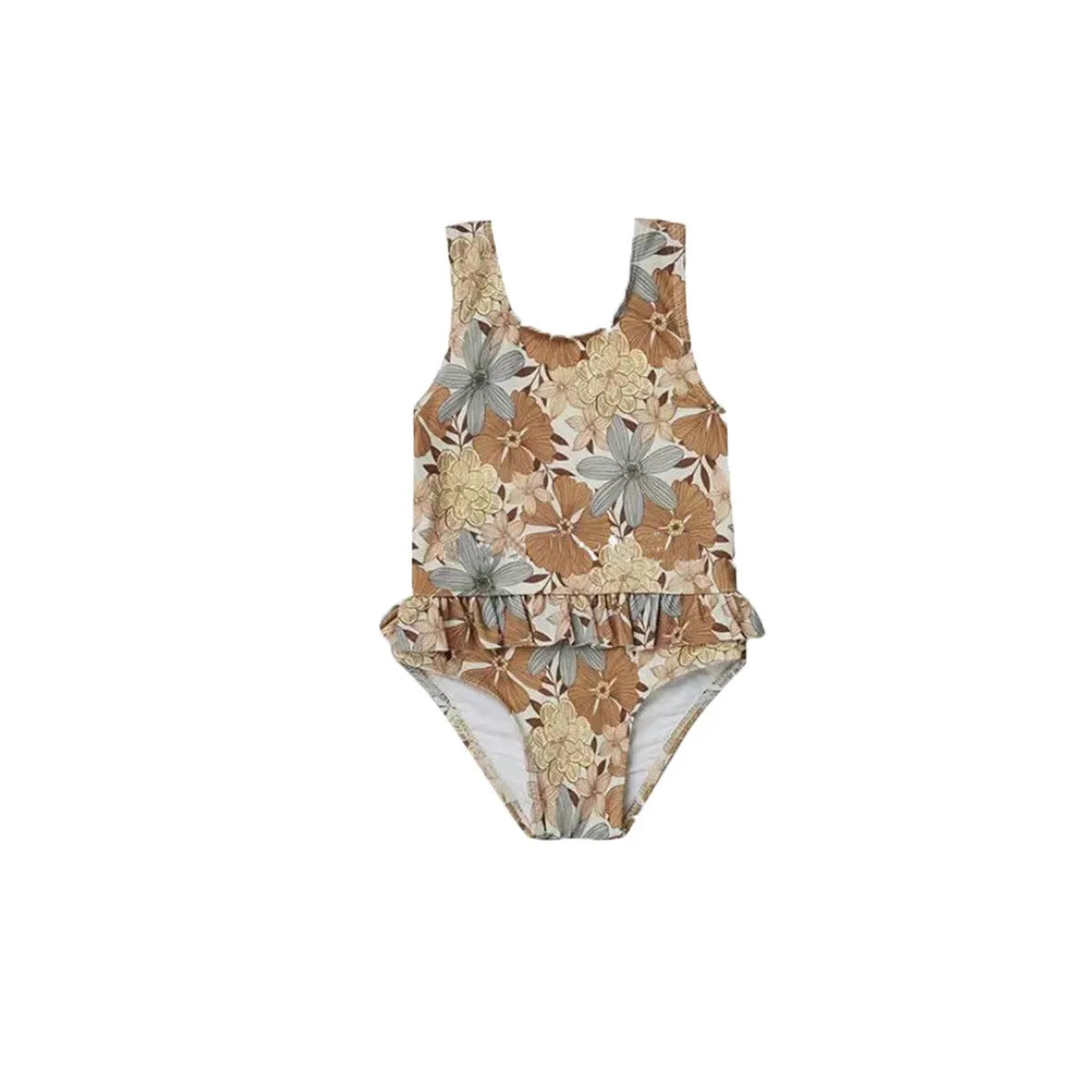 Girls' high elastic one-piece swimsuit in a selection of prints including brown stripes, leopard, and floral patterns.