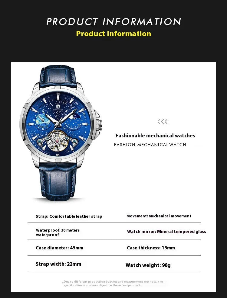 Men's blue dial automatic mechanical watch with day-date window and stainless steel case.