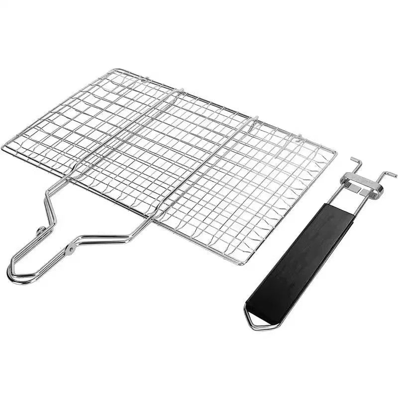 Square folding stainless steel barbecue mesh basket with a cleaning brush.