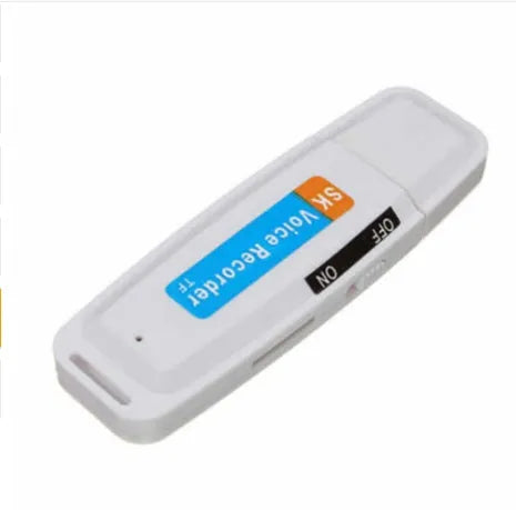Black and white plastic USB flash drive with voice function showing dimensions and capacity options