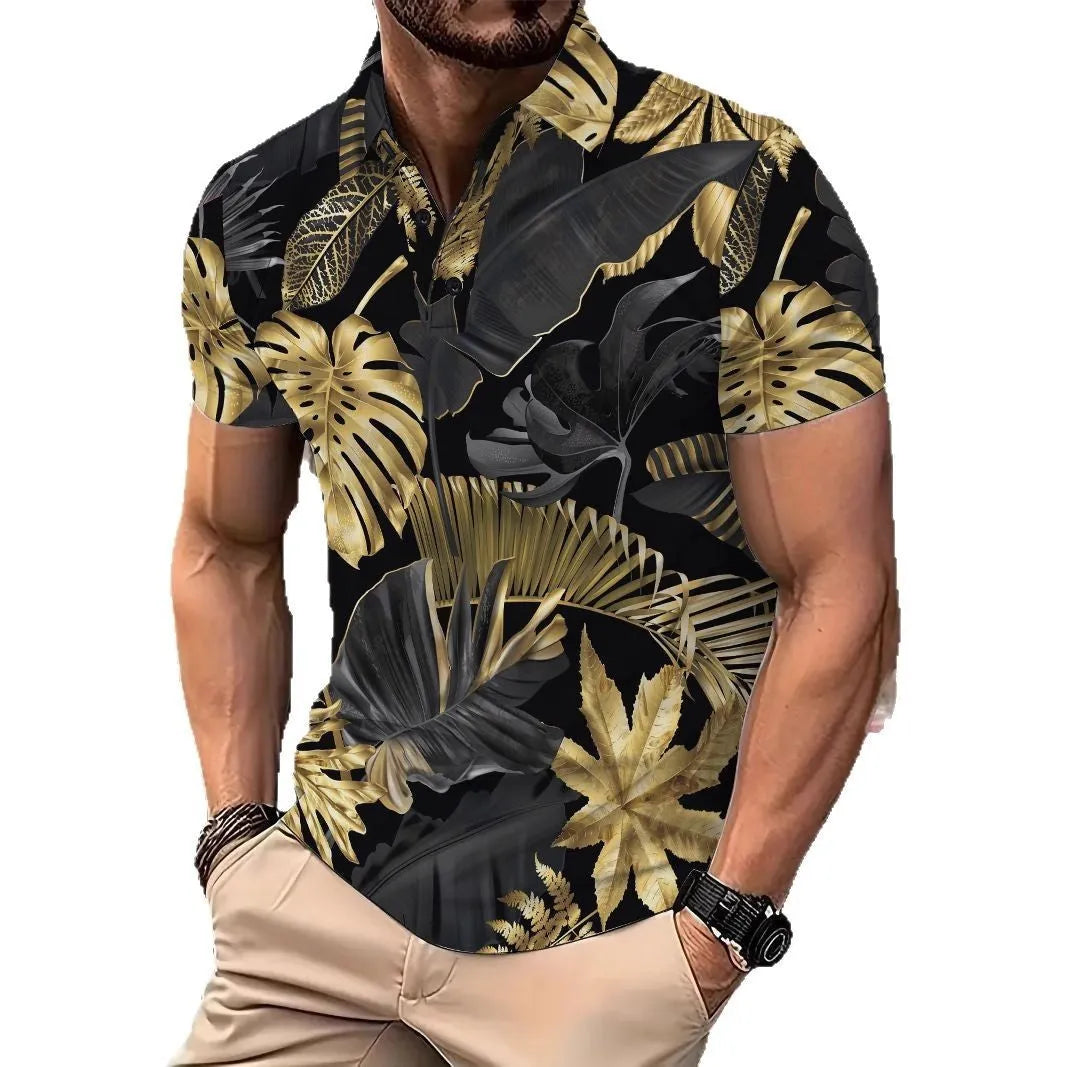 Men's gold tropical plant pattern short sleeve shirt on hanger showing front print detail