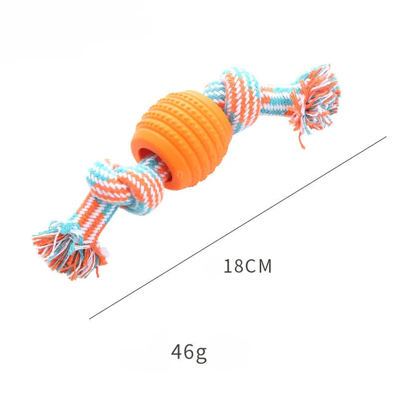 Blue molar-shaped dog chew toy with an integrated rope for dental care and play.
