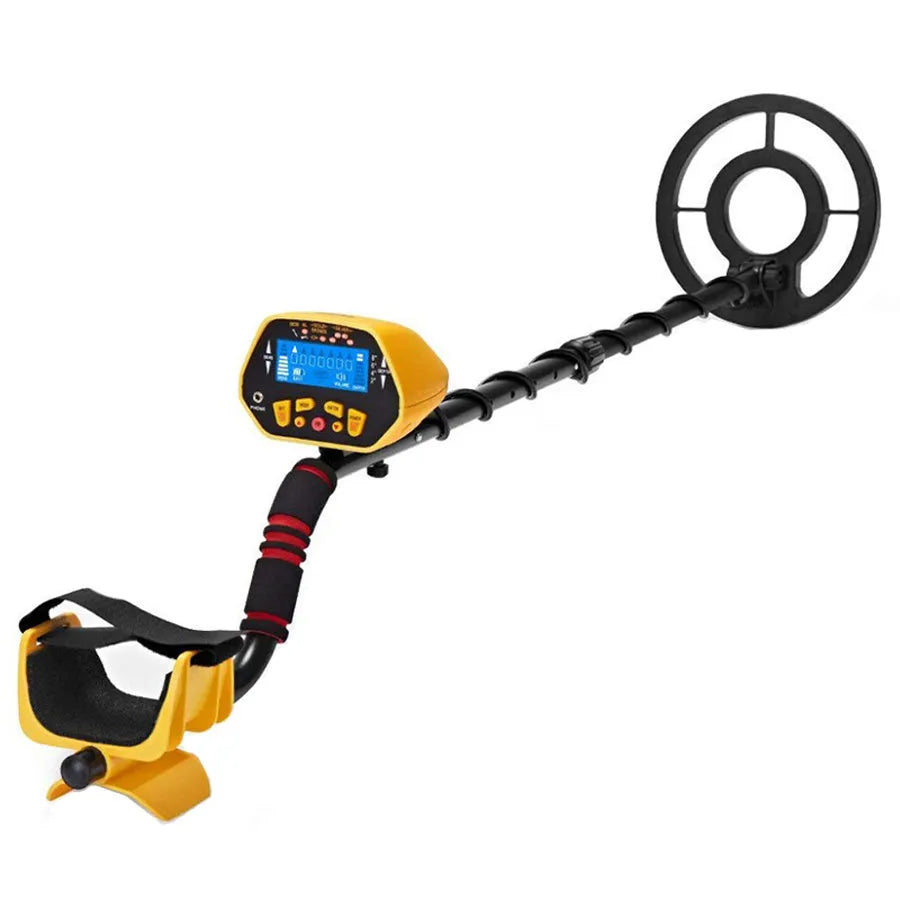 GC1028 black and yellow metal detector with LCD display and adjustable pole, showing waterproof search coil.