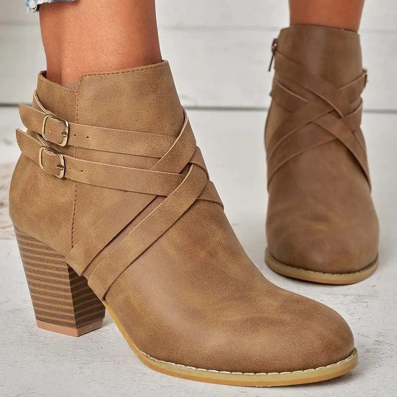 Women's black PU leather ankle boots with 7cm heel and side zipper closure