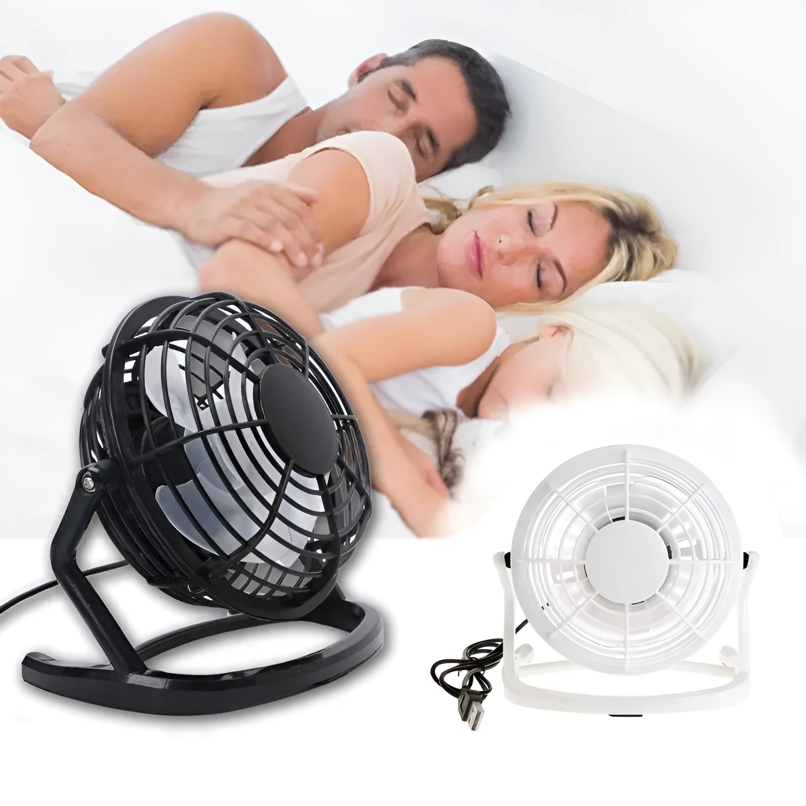 Mini black USB desk fan with adjustable head on a desk next to a laptop.