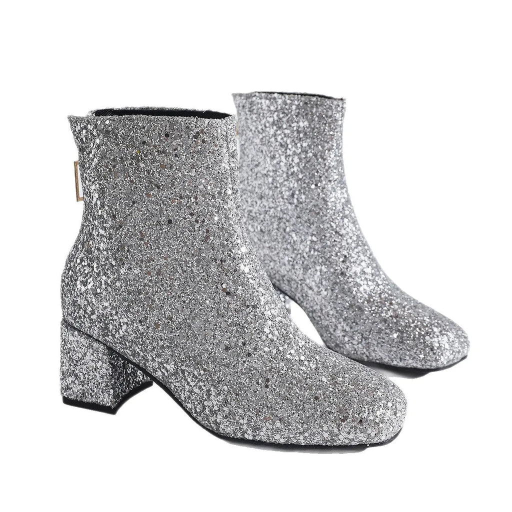 Plus size sequin high heel shoes in black with chunky heel and pointed toe, back zipper, mid-calf sock length