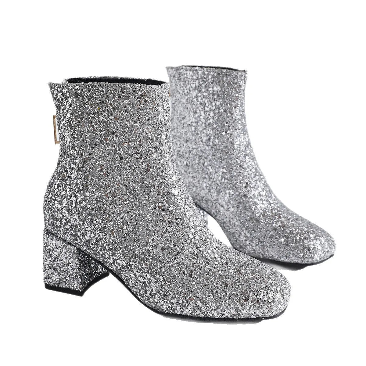 Plus size sequin high heel shoes in black with chunky heel and pointed toe, back zipper, mid-calf sock length