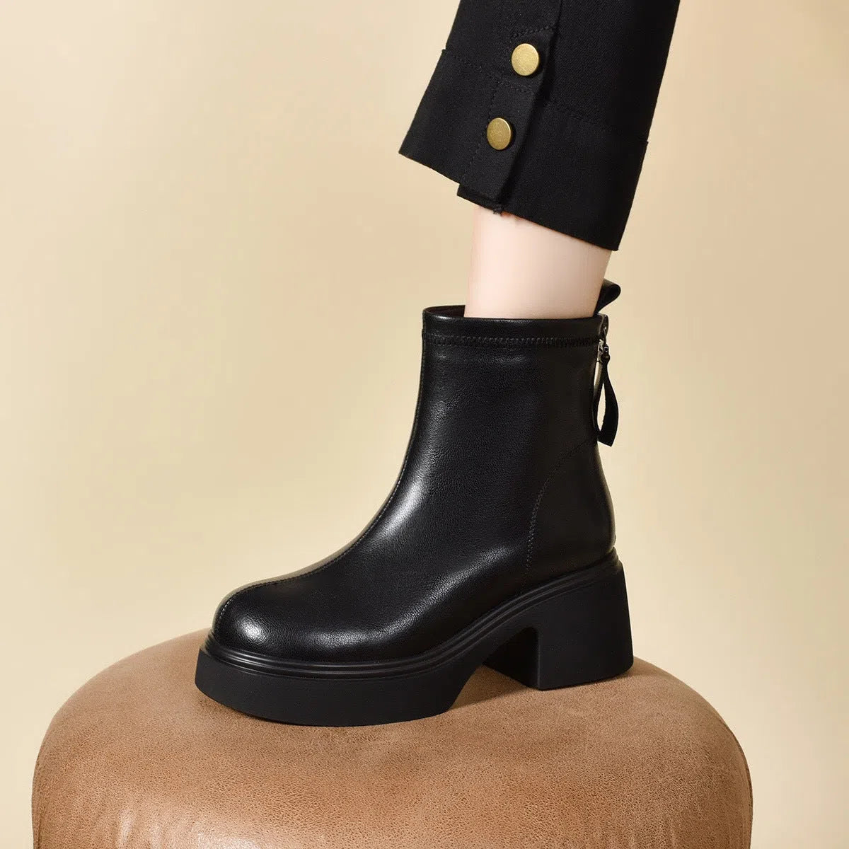 Black sheepskin shoes for shorter women with cotton lining and flat heel