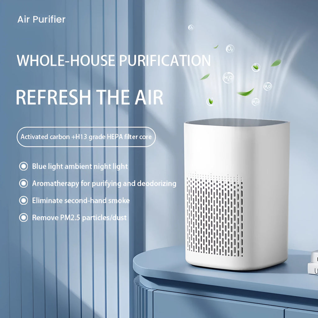 Simple style desktop air purifier unit with USB port for small room air cleaning.