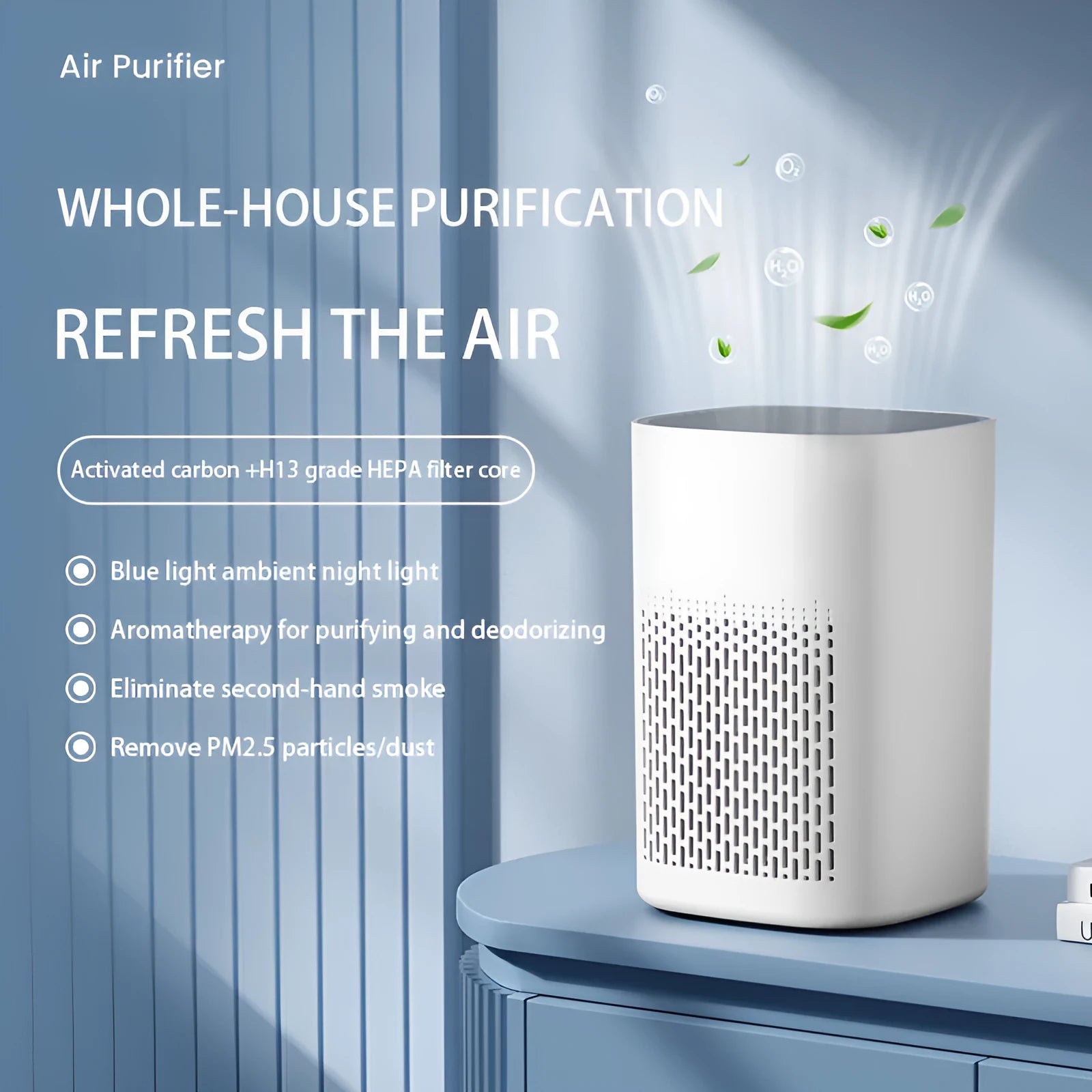 Simple style desktop air purifier unit with USB port for small room air cleaning.