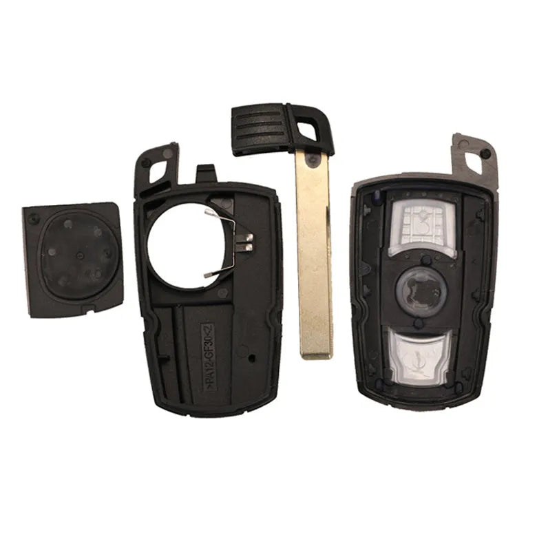 BMW HU92 semi-intelligent three-button car key remote fob with metal and plastic construction.