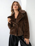 A women's loose short coat made of rose red artificial fur, featuring regular sleeves and a sweet style.