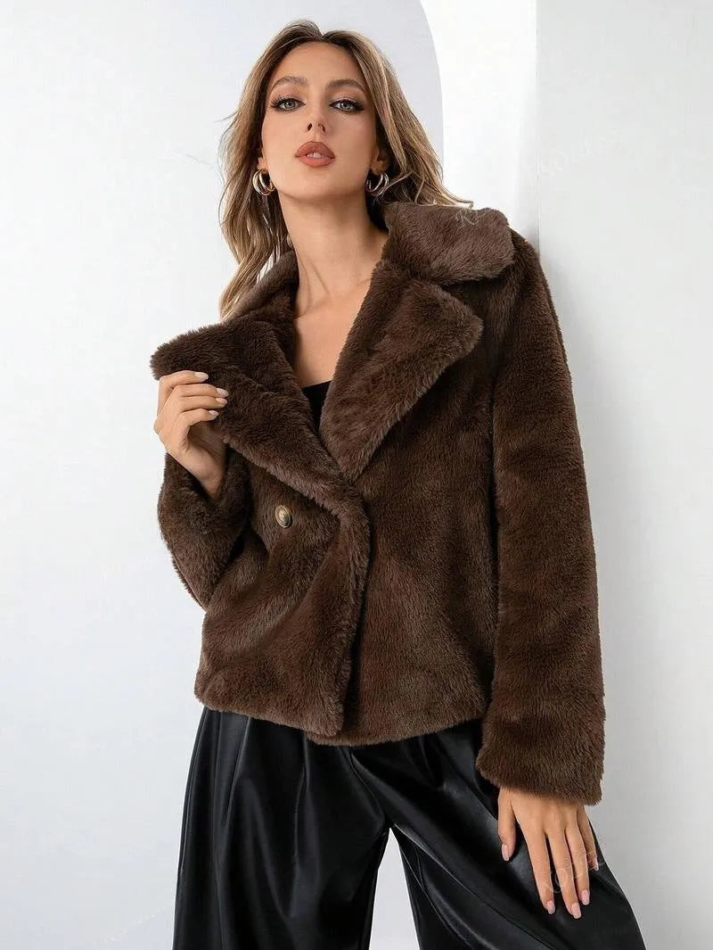 A women's loose short coat made of rose red artificial fur, featuring regular sleeves and a sweet style.