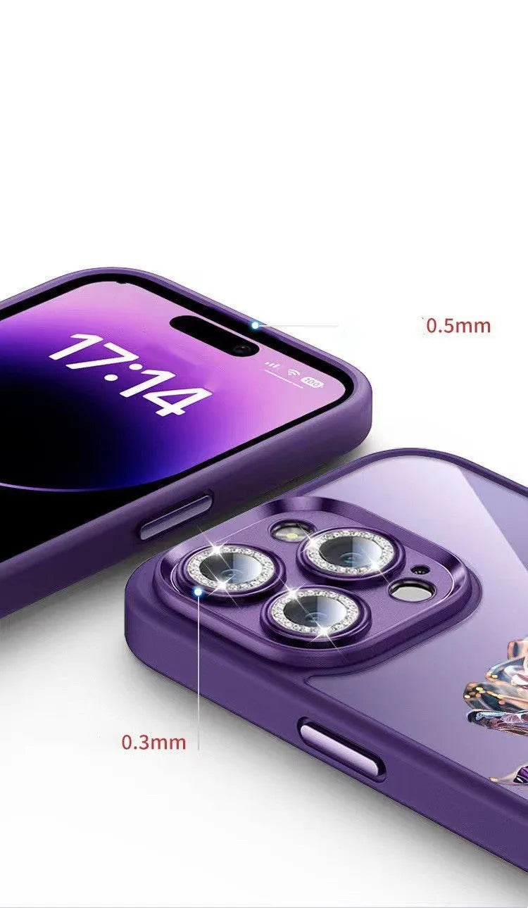 Dark purple TPU iPhone case with pink rose design and sparkling pink lens film over cameras.