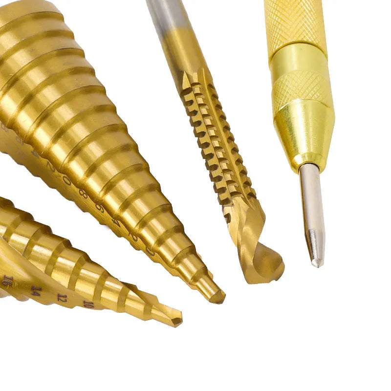 HSS steel cone drill bit and centre punch set for metalworking with step drill design
