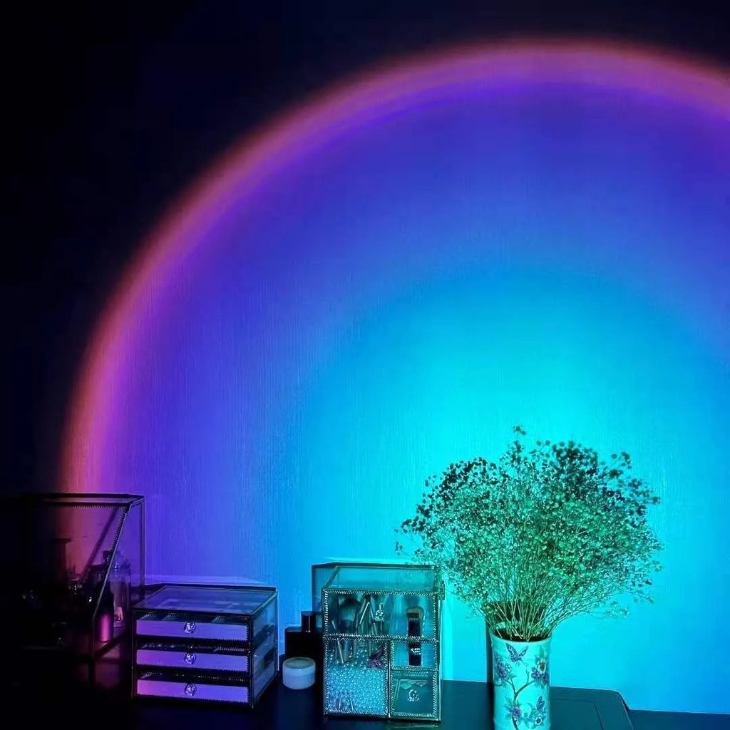 USB rechargeable rainbow projection lamp showing sunset red colour patterns for atmospheric lighting