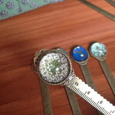 Handmade dry flower gypsophila ruler bookmark with lace flowers, daffodils and clover on 12 cm scale