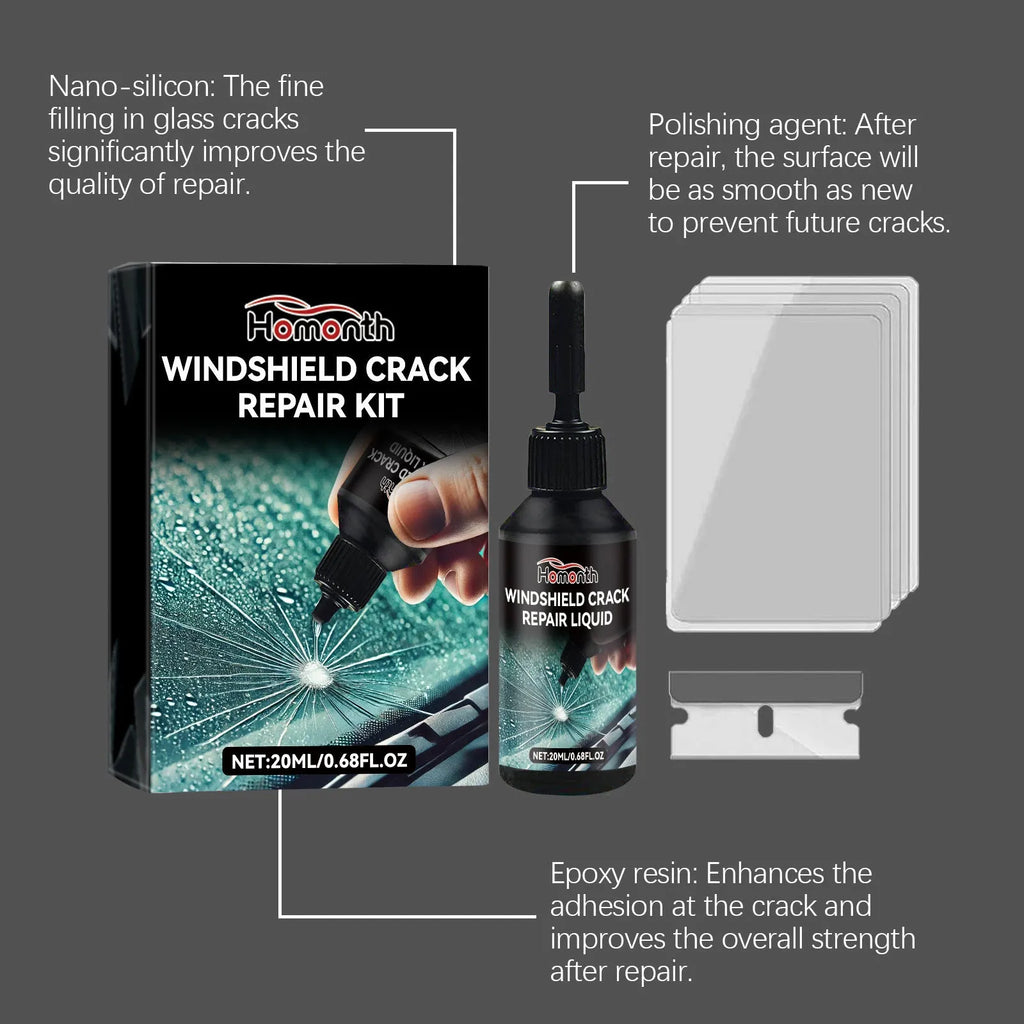Windshield crack repair kit with 20ml fluid bottle, PET blade, and five cured films for car glass repair.