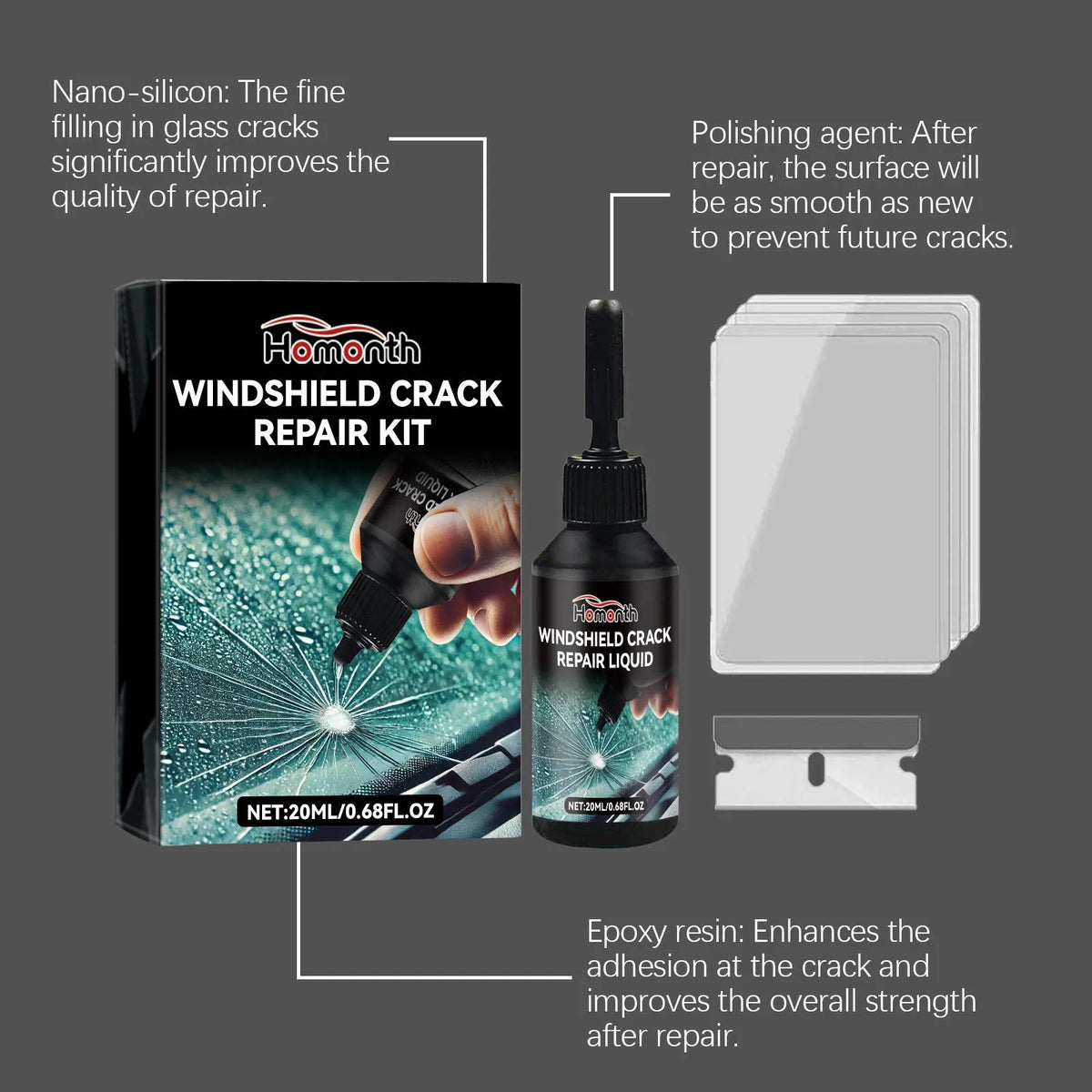 Windshield crack repair kit with 20ml fluid bottle, PET blade, and five cured films for car glass repair.