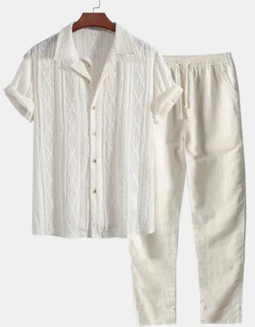 Men's loose-fitting short sleeve shirt and trousers set in milk silk fabric for summer casual wear