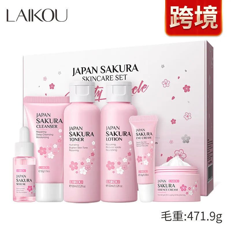 Cherry blossom skincare 6-piece set including cleansing foam, toner, emulsion, eye cream, essence cream and cream