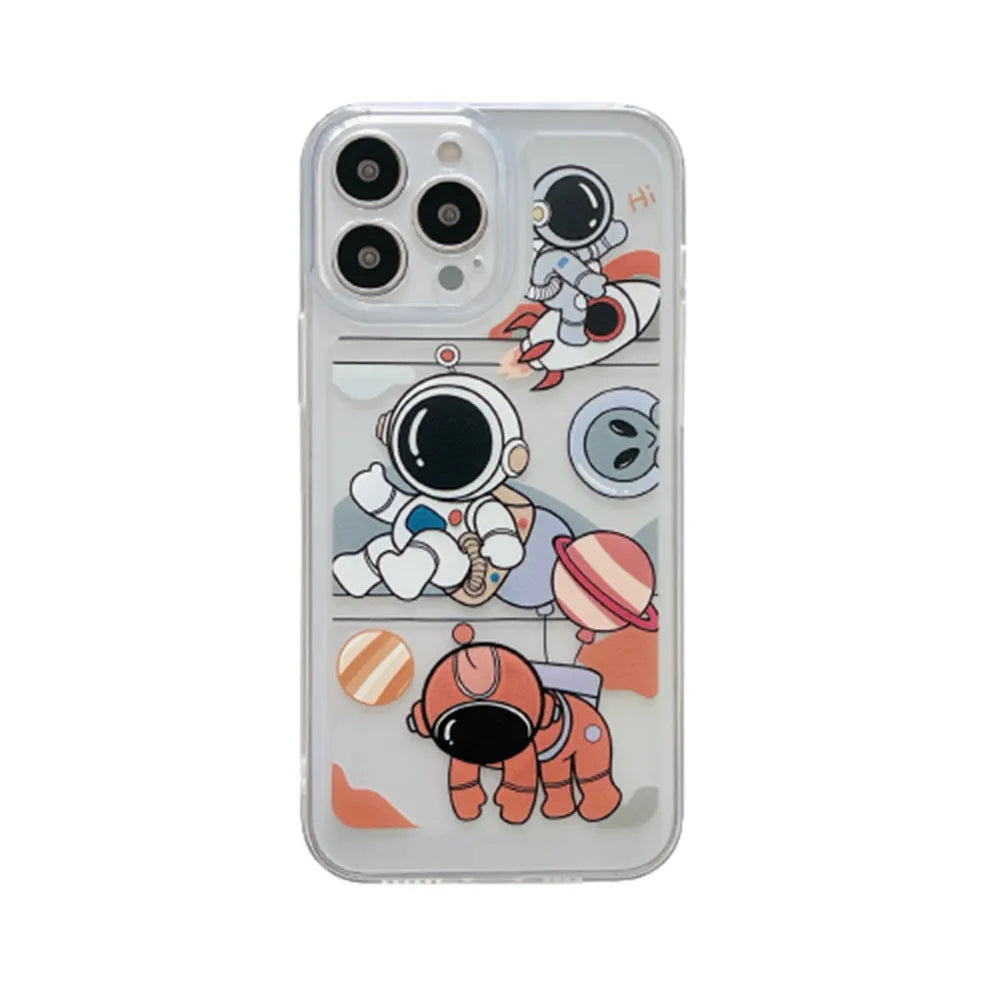Transparent silicone phone case for iPhone 13 with cartoon astronaut and balloon graffiti design