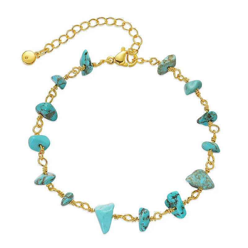 Women's bracelet with irregular gravel turquoise stones and geometric crystals in 18K gold plated copper