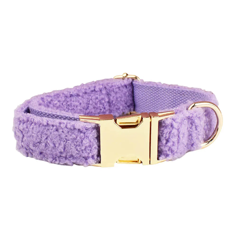 Purple cloth dog collar, leash, bow tie, and vest set for small dogs.