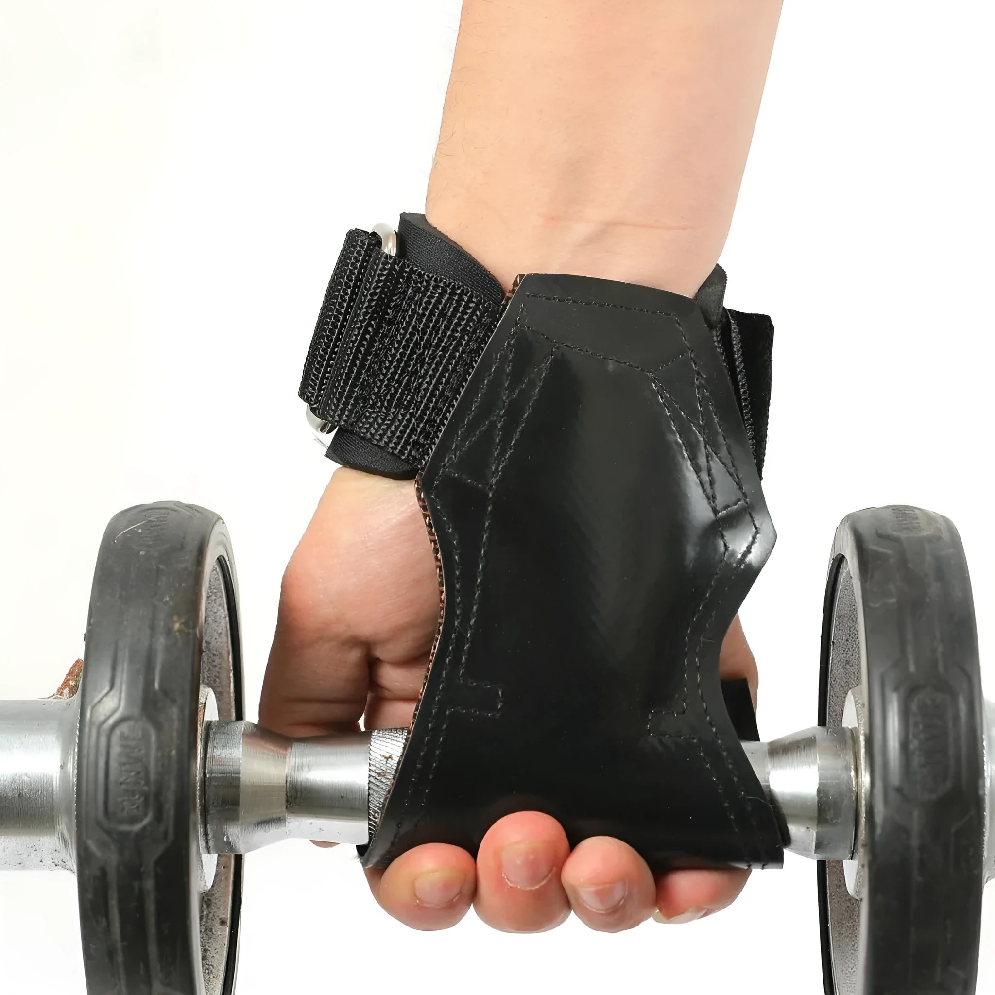 Black rubber palm protection band for weightlifting and rock climbing grip.
