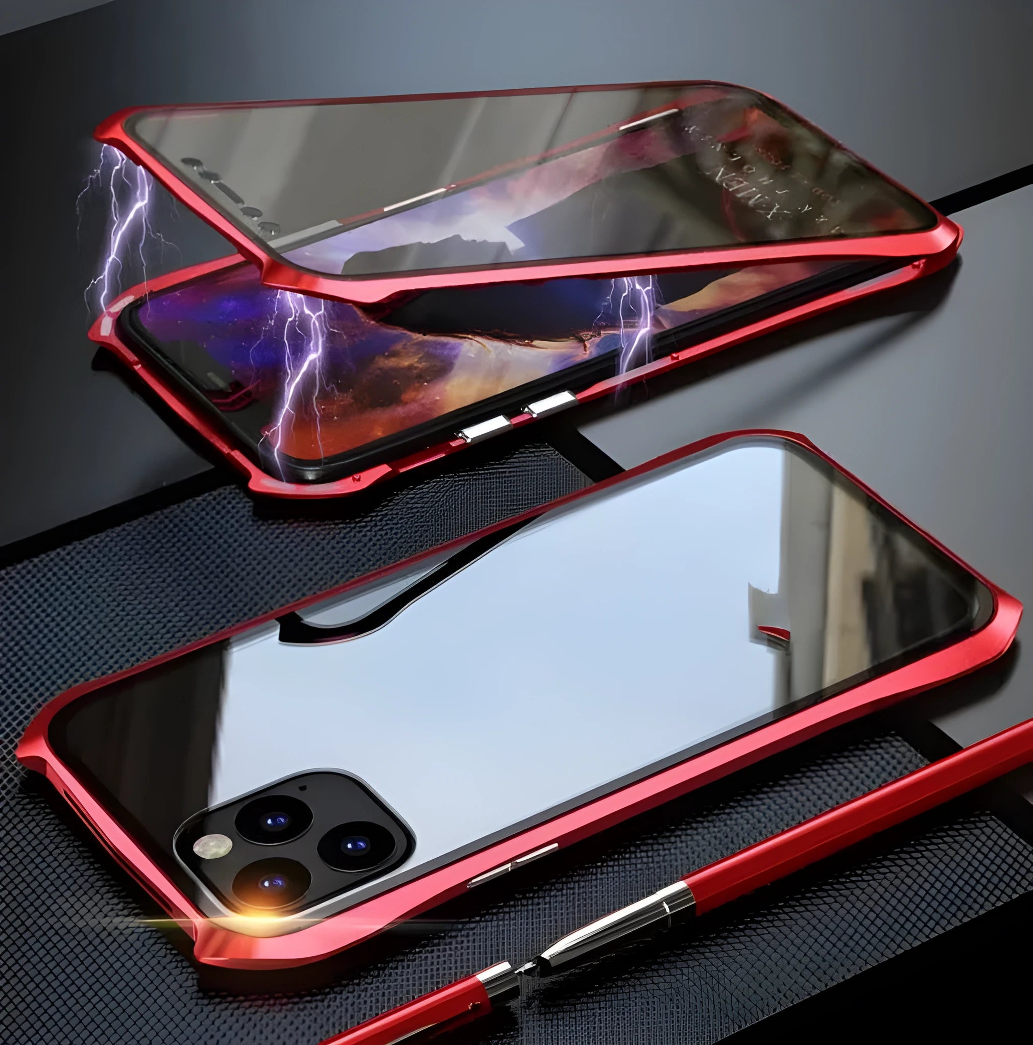 Black metal protective back cover for an iPhone 11 Pro Max mobile phone.