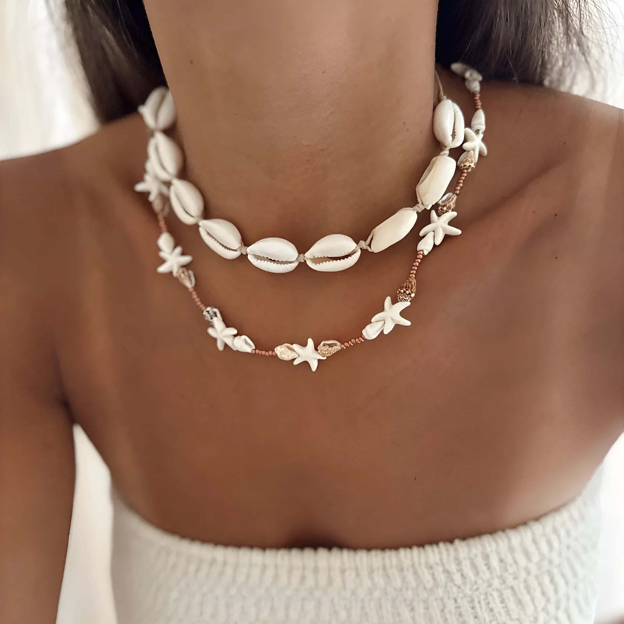 Women's geometric shell necklace with natural pendant on regular chain, colour X1900