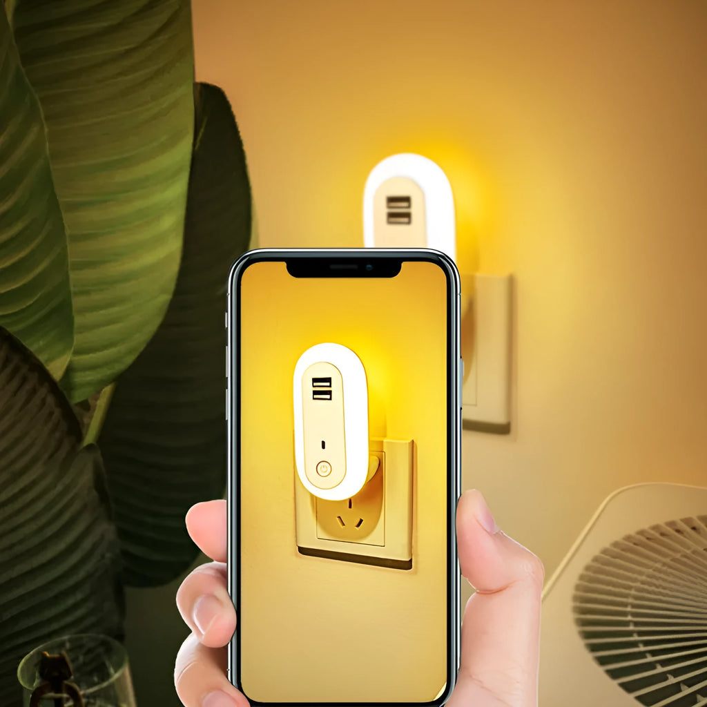 Oval wall night lamp with dual USB ports and remote control, 50x61x104mm, ABS and PC construction