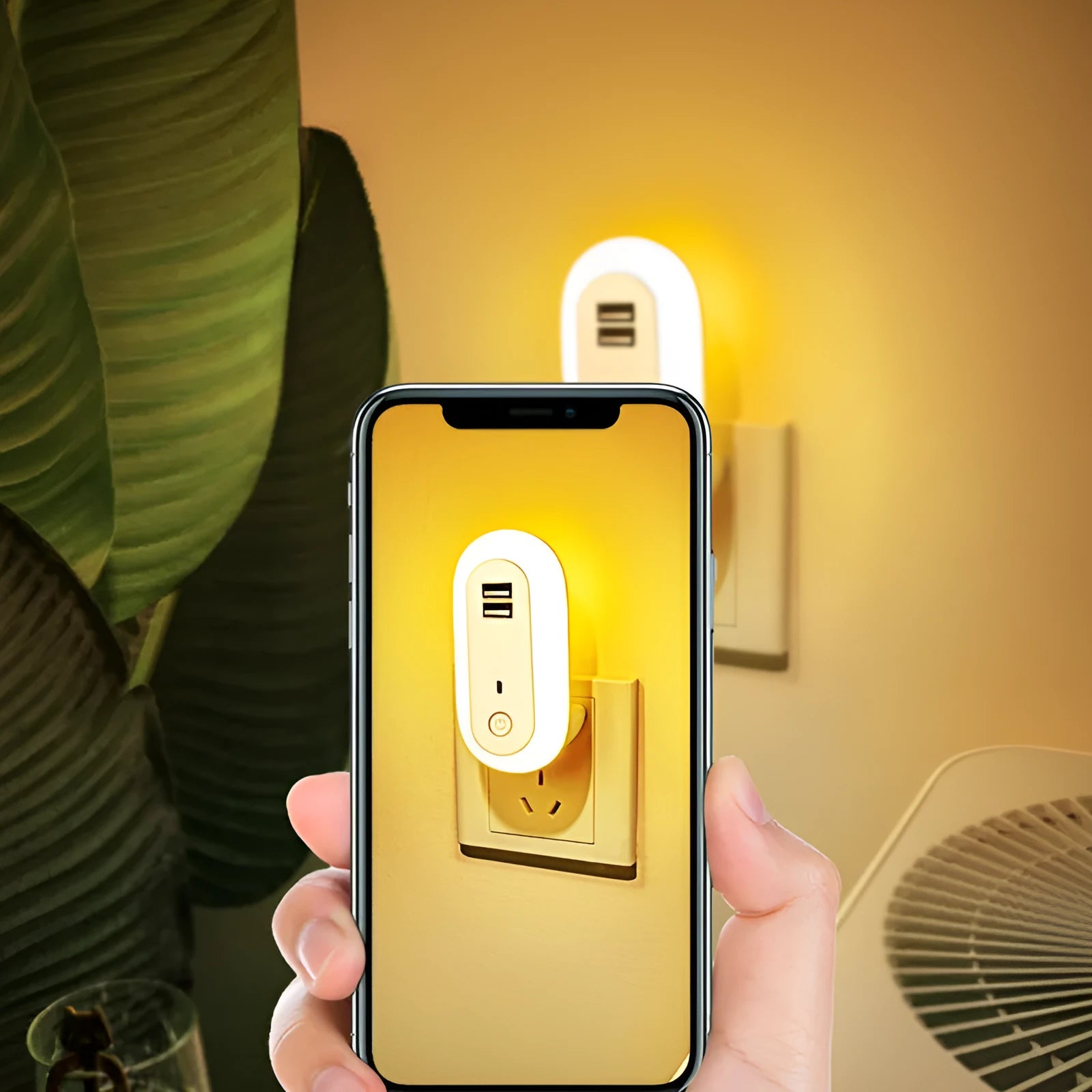 Oval wall night lamp with dual USB ports and remote control, 50x61x104mm, ABS and PC construction
