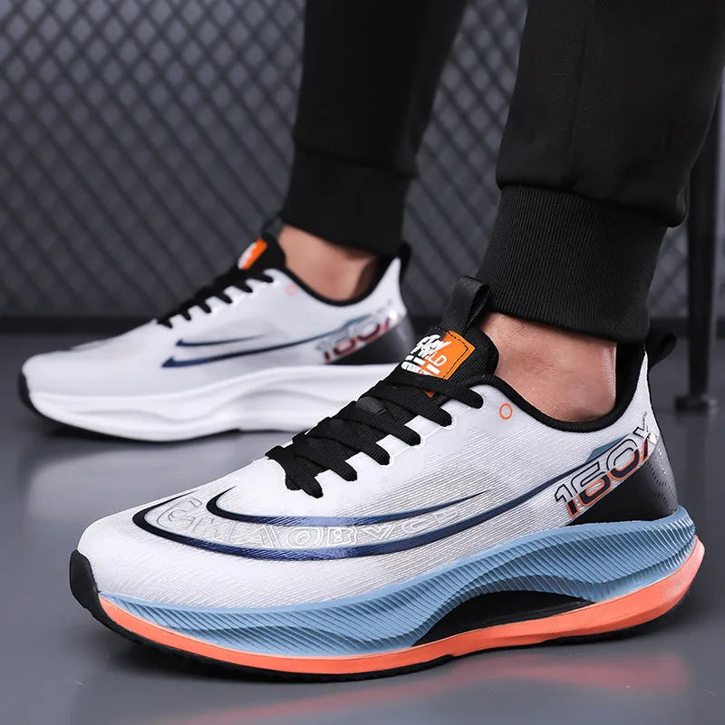 Breathable soft-soled mesh surface running shoes for men in black, low-top lace-up design with EVA sole