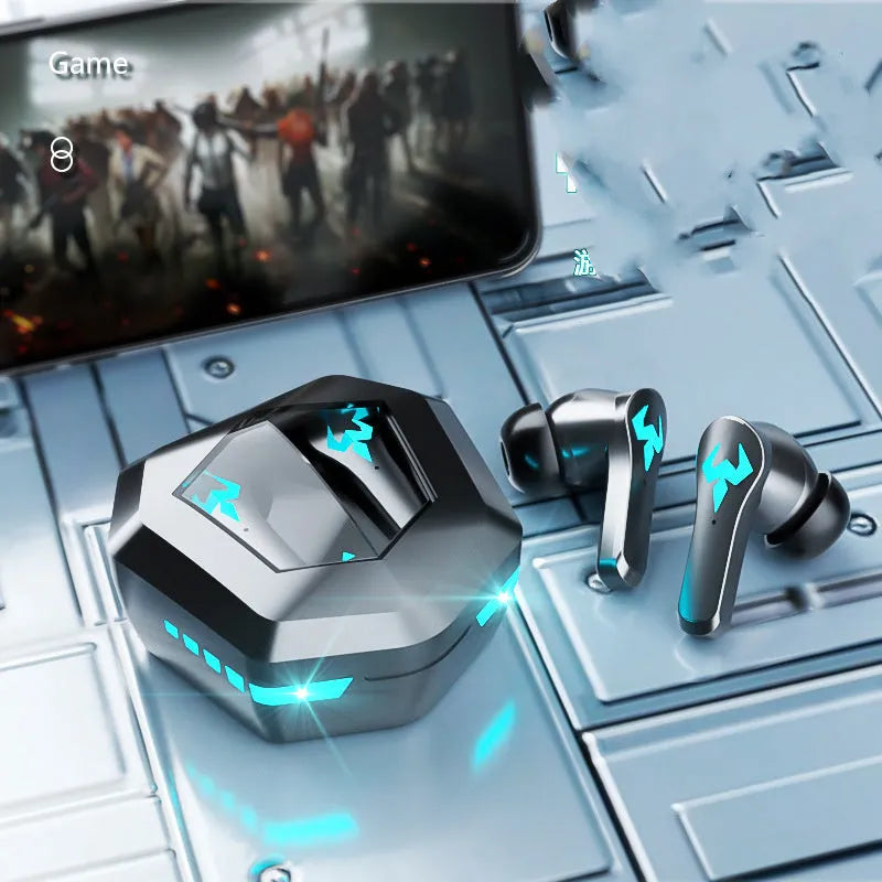 Black wireless in-ear sports gaming headset with Bluetooth 5.0 and noise cancellation.