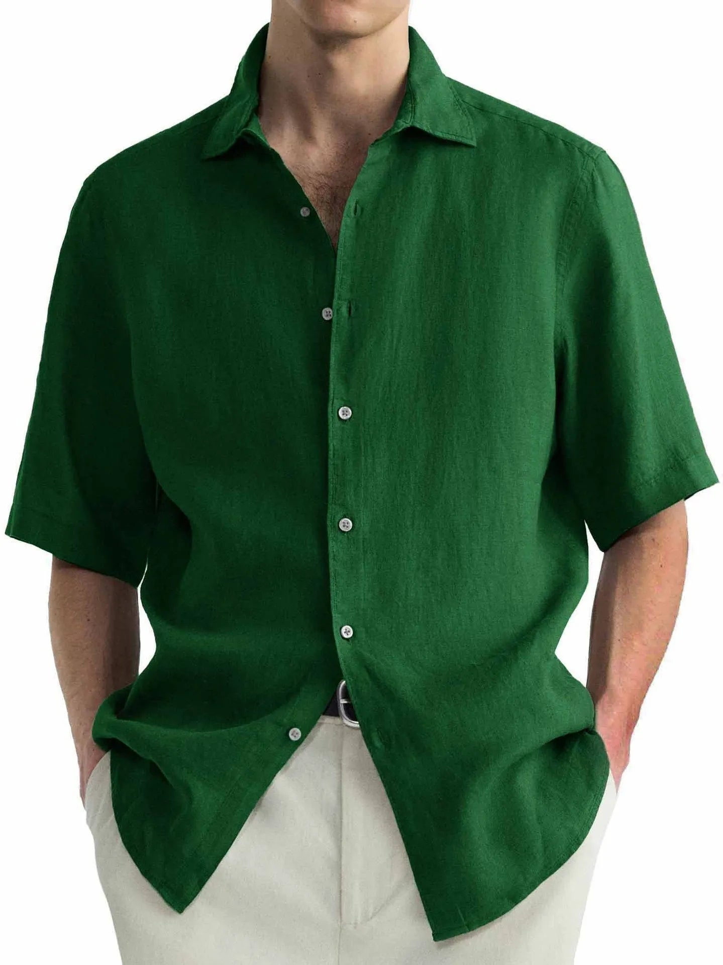Men's green washed cotton casual shirt in a regular fit cardigan style on a hanger.