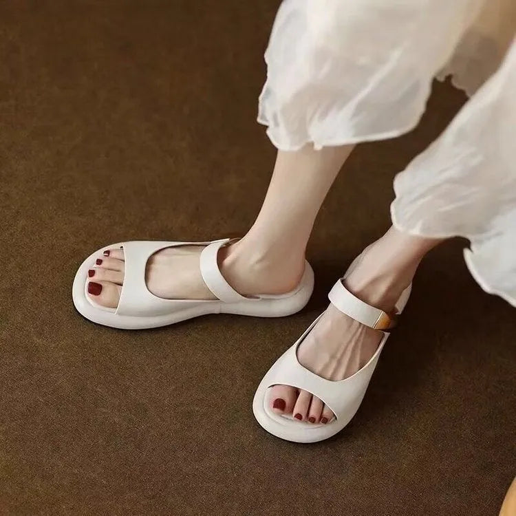 Women's apricot peep toe flat sandals with French soft leather strap and rubber platform sole