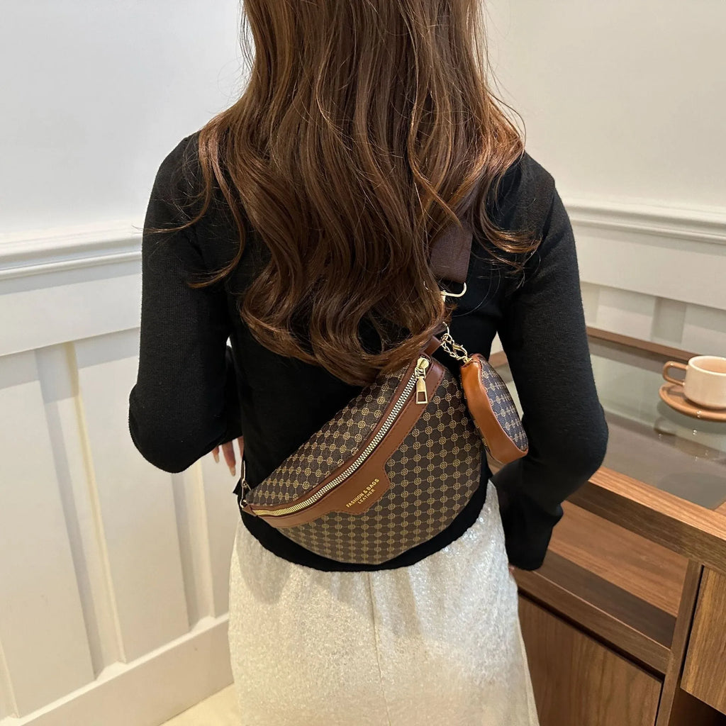 European American style portable crossbody bag with retro printing and sewing thread detail in black