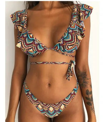 Floral patterned split bikini swimsuit set in yellow flower colour with nylon fabric construction