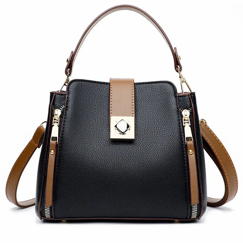 Women's fashion casual all-match PU leather crossbody bucket bag in black with spliced street trend design