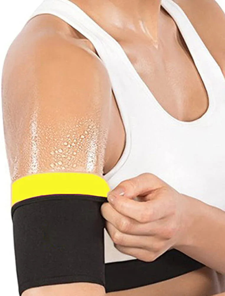 Adjustable black and red neoprene arm sweatband with Velcro strap wrapped around an upper arm.