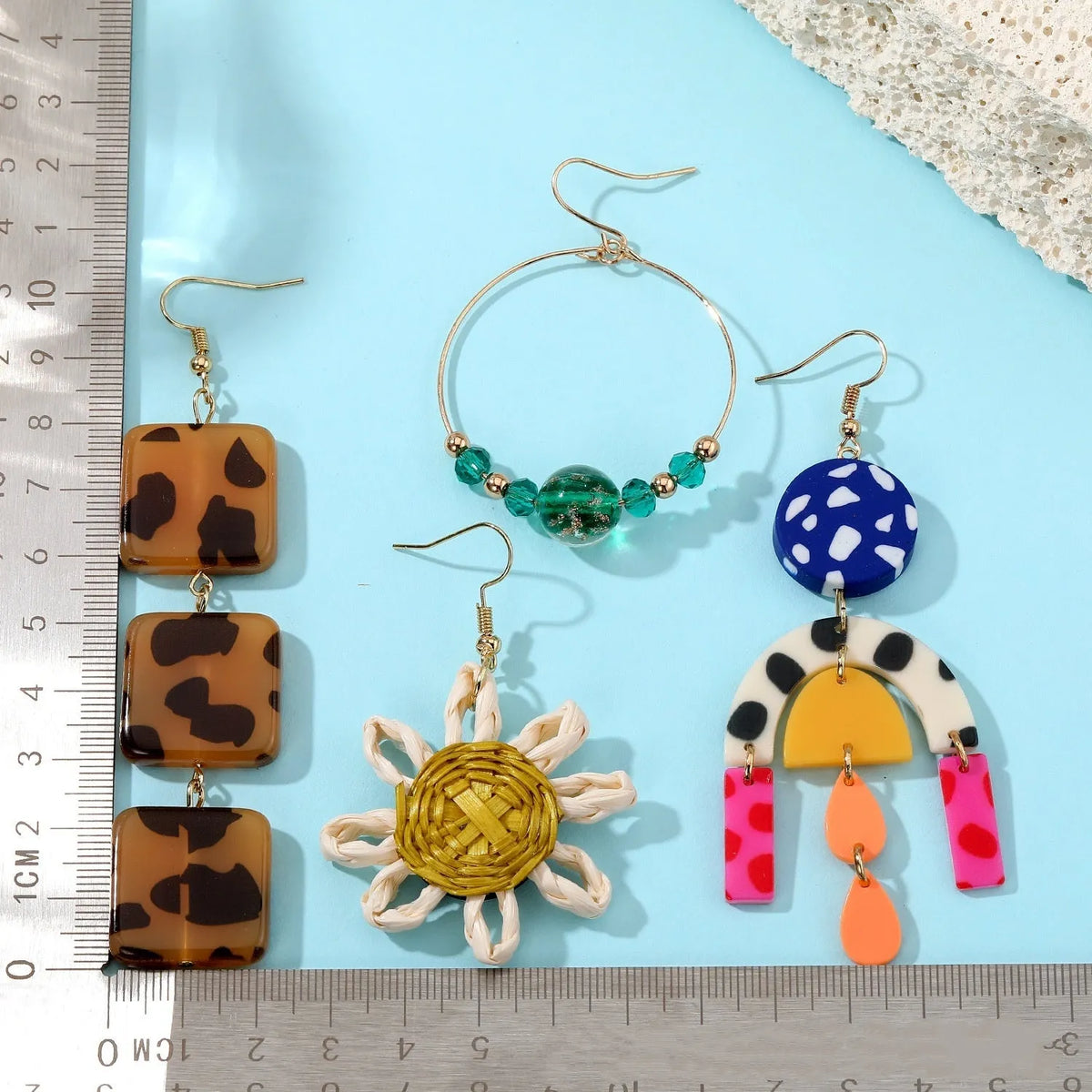 Women's electroplated plastic resin ear studs in leopard square, sunflower and colourful glaze bead designs