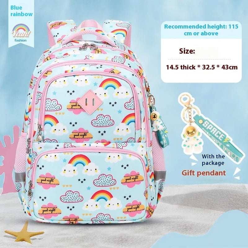Blue children's waterproof school backpack with dinosaur pattern and curved shoulder straps.