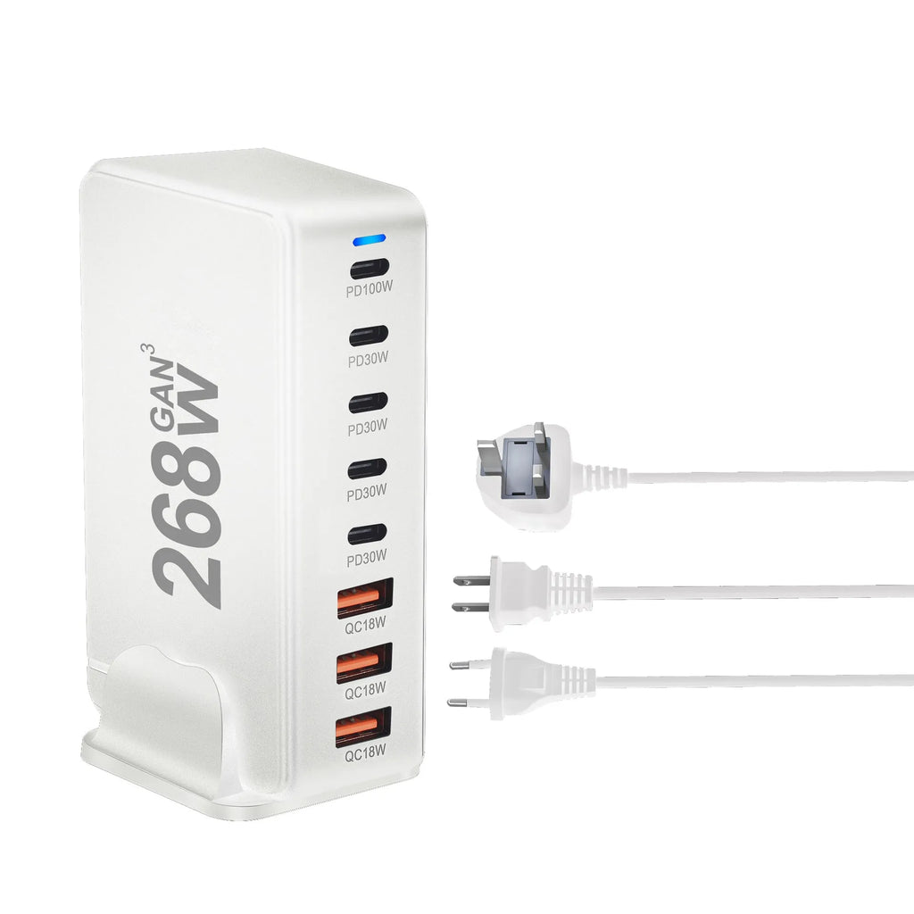 268W gallium nitride 8-port desktop charger with 5 USB-C and 3 USB-A ports in white colour