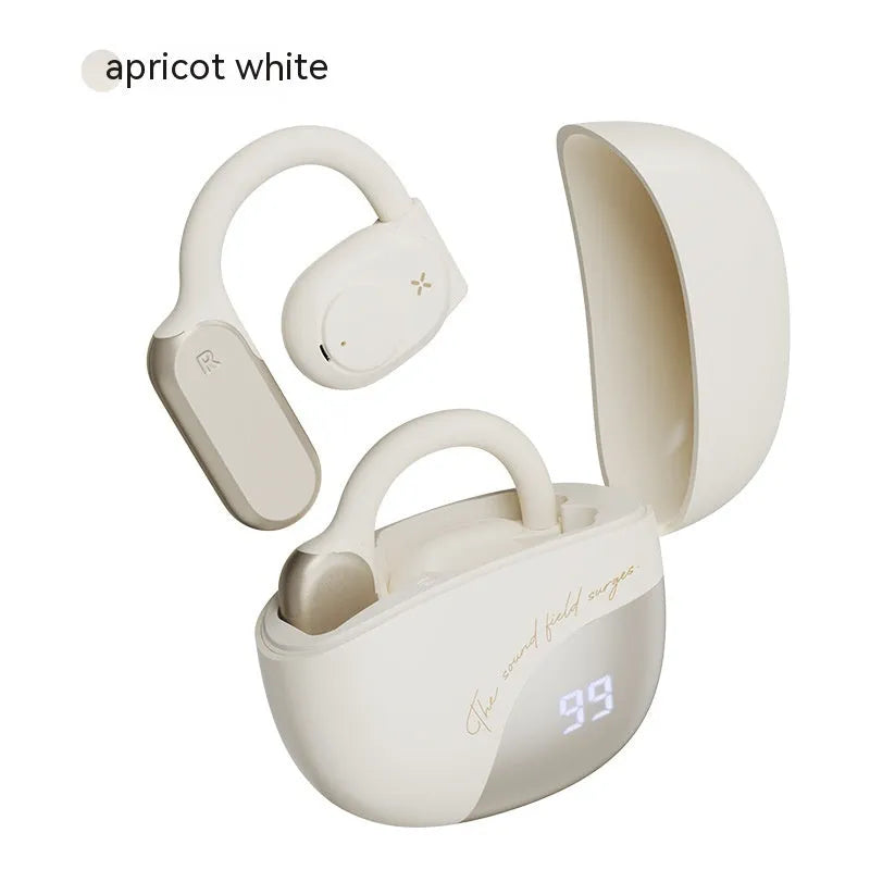 Bone conduction non in-ear bluetooth headset in Glacier Blue with silicone ear hook on a white background