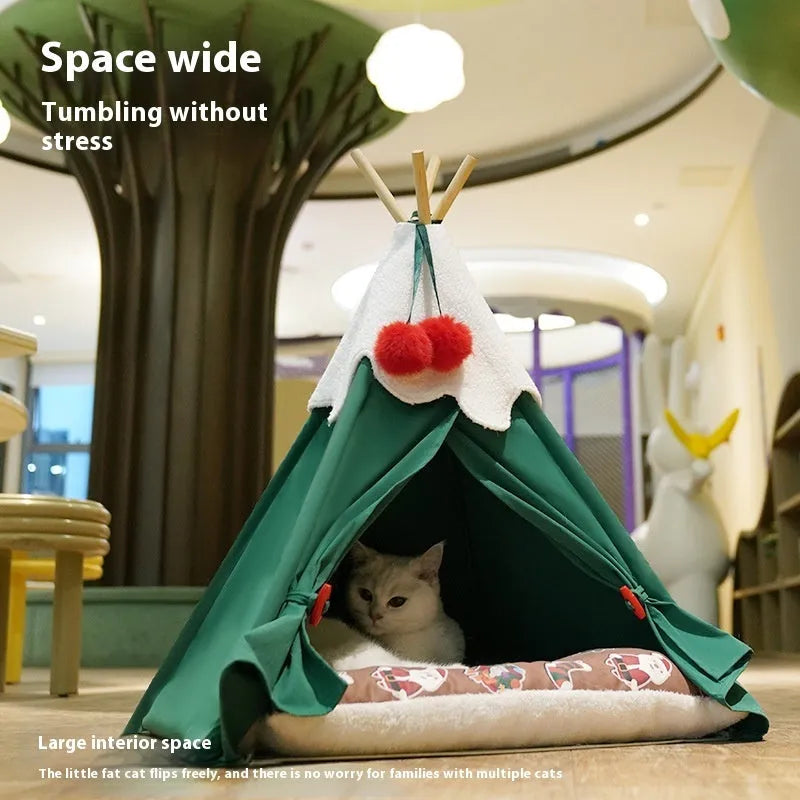 Semi-closed thickened cloth cat house for winter, shown in brown mat and white mat colours.