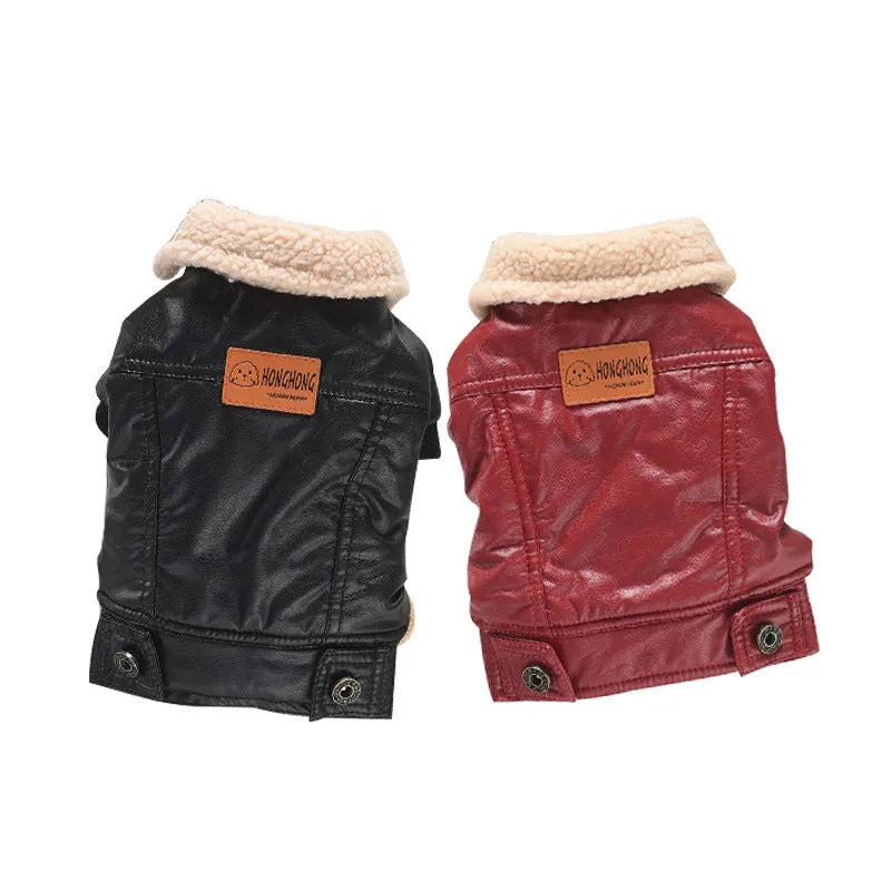 Black PU leather pet winter coat with fleece lining for dogs and cats