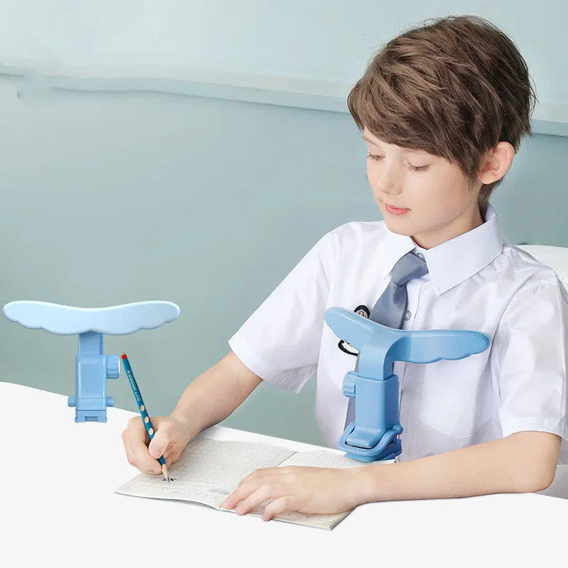 Student anti-myopia orthosis in blue silicone and ABS on a desk, seated posture bracket for corrective sitting