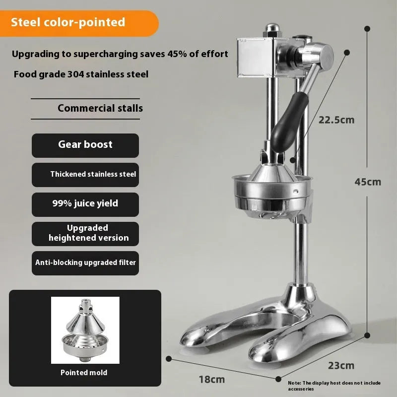 Stainless steel vertical manual juicer on a kitchen countertop in a choice of colours.