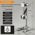 Stainless steel vertical manual juicer on a kitchen countertop in a choice of colours.
